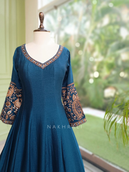 Dastaan Teal Blue Chinon Kalidar Anarkali Set