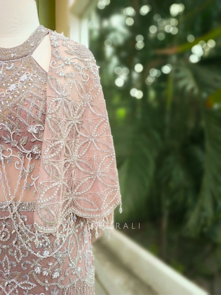 Celestia Pink Net Mermaid Gown with Sequin and Bead Work