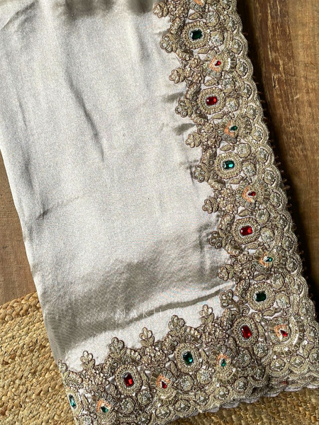 Rajvika Beige Metallic Tissue Silk Saree with Readymade Blouse
