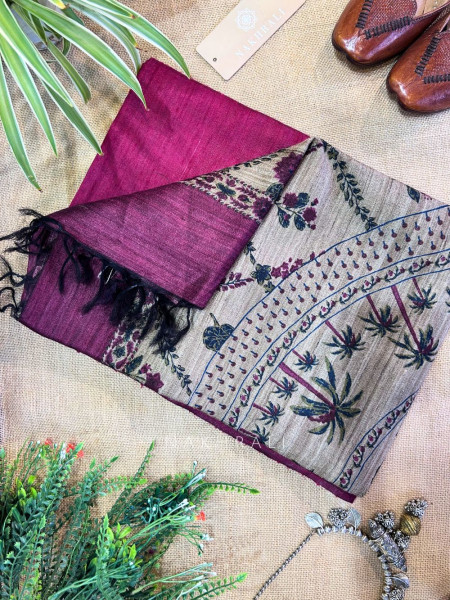 Mridang Maroon Khadi Cotton Saree with Kalamkari Print