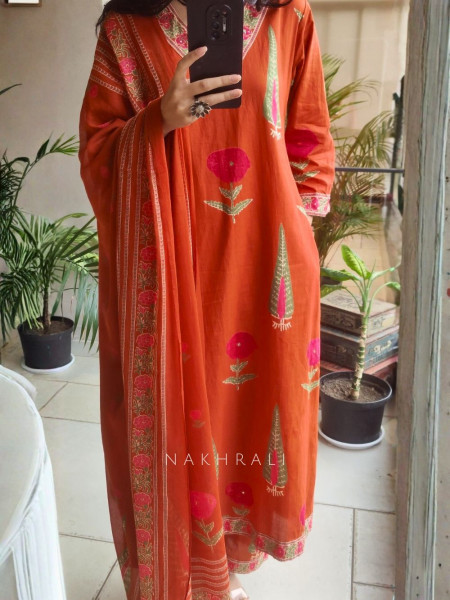 Anvika Orange Floral Cotton Suit Set