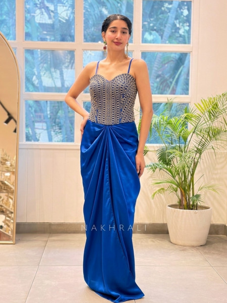Rubaiyat Royal Blue Satin-Crepe – Indo-Western Crop Top Skirt Set