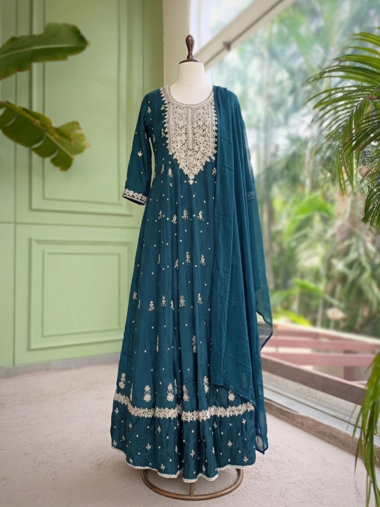 Image of Reem Teal Blue Anarkali Suit Set With Zari Sequin Yoke Work