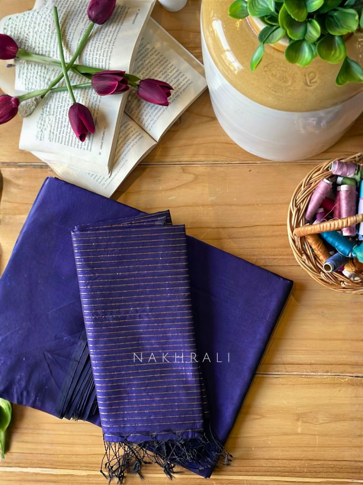 Image of Taga Maheshwari Purple Dress Material with Zari Stripe Dupatta