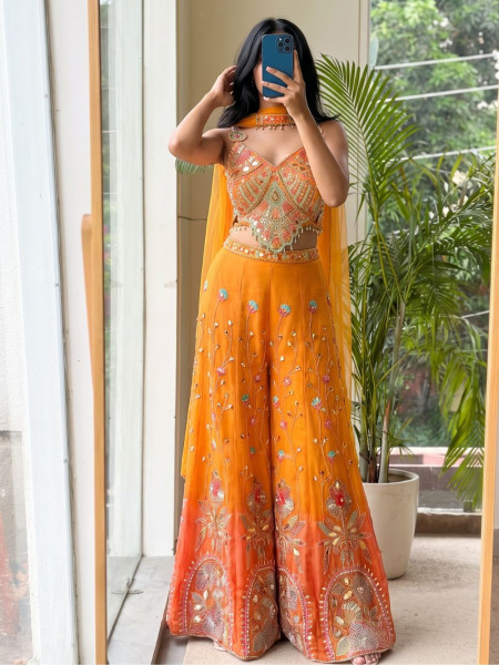 Folk Rhythm Orange Indo-Western Palazzo Set