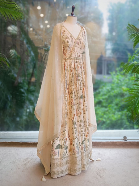 Shimmer Bloom Cream Anarkali Suit Set with Sequin and Mirror Work