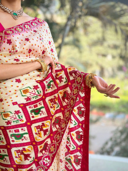 Mira Cream Silk Saree with Magenta Digital Print