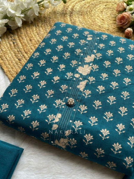 Dhaara Teal Blue Cotton Dress Material with Block Print