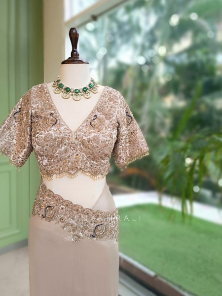 Kalika Beige Satin & Silk Satin Saree with Readymade Blouse