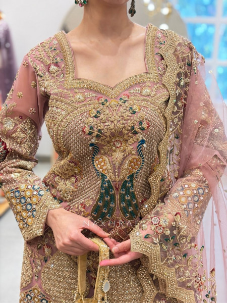 Noor-e-naqsh Onion Net Gharara Set with Mirror and Embroidery