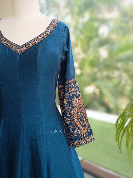 Dastaan Teal Blue Chinon Kalidar Anarkali Set