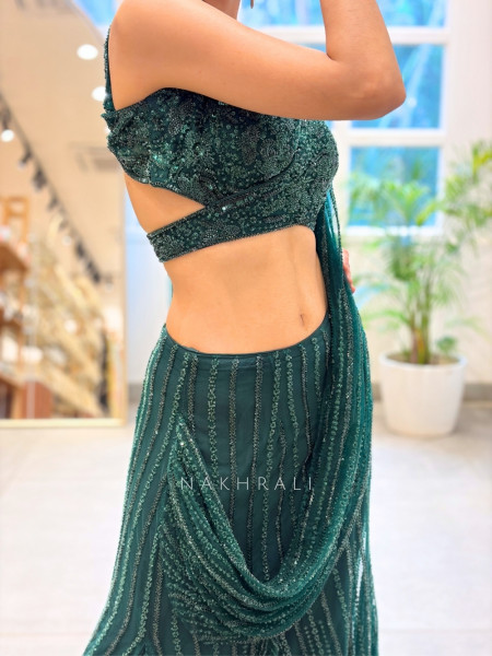 Glitzy Glam Green Indo-Western Drape Saree