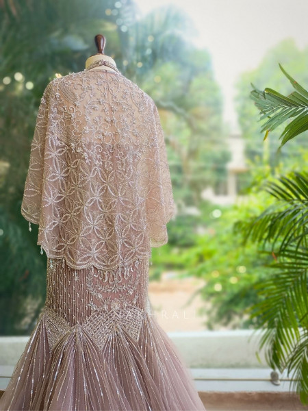 Celestia Pink Net Mermaid Gown with Sequin and Bead Work