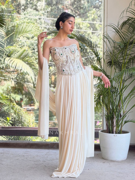 Miraya Off White Drape Indo-Western with Cut Dana Beads Stone Work