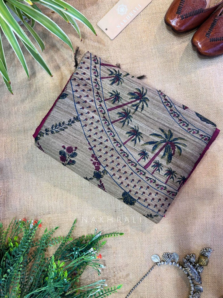 Image of Mridang Maroon Khadi Cotton Saree with Kalamkari Print