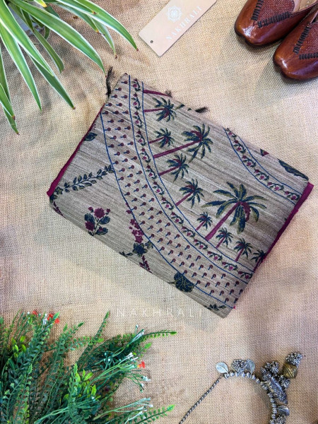 Mridang Maroon Khadi Cotton Saree with Kalamkari Print