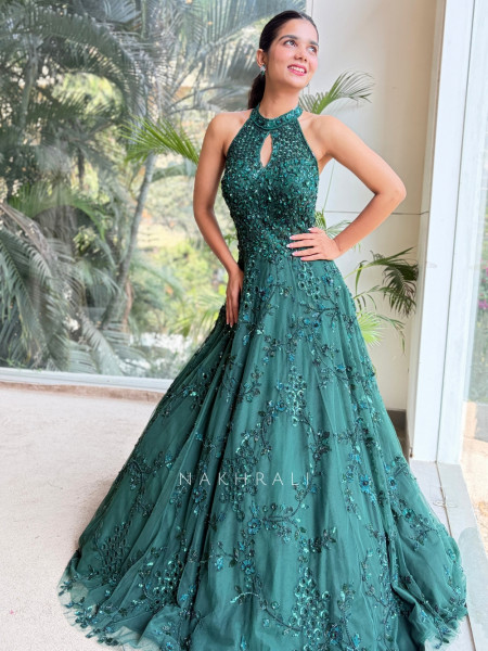 Emerald Bloom Green Gown with Sequin Embellishment