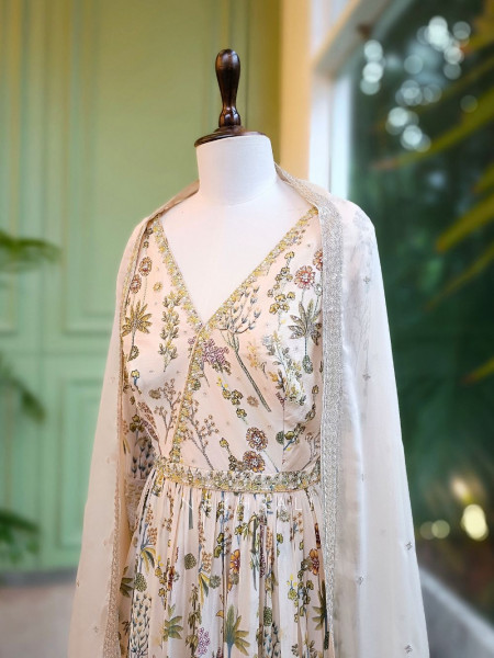 Shimmer Bloom Cream Anarkali Suit Set with Sequin and Mirror Work