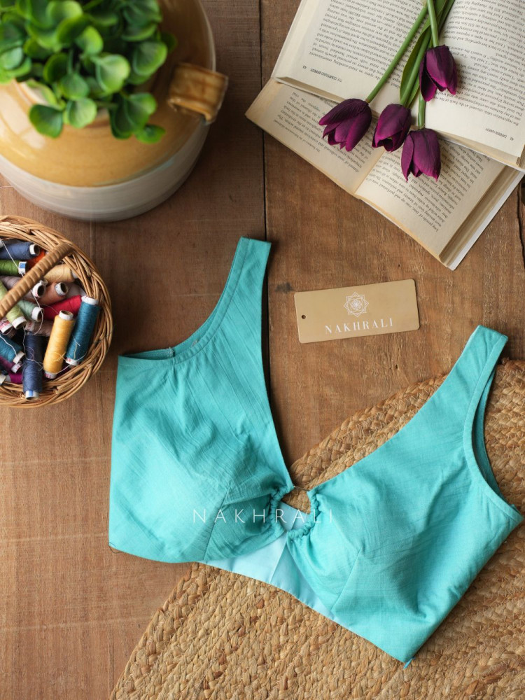 Image of Mivora Blue Blouse with V Neck and Front Ring Detail