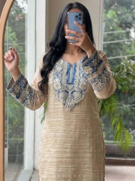 Tishya Beige Tissue Chanderi 3 Piece Suit Set