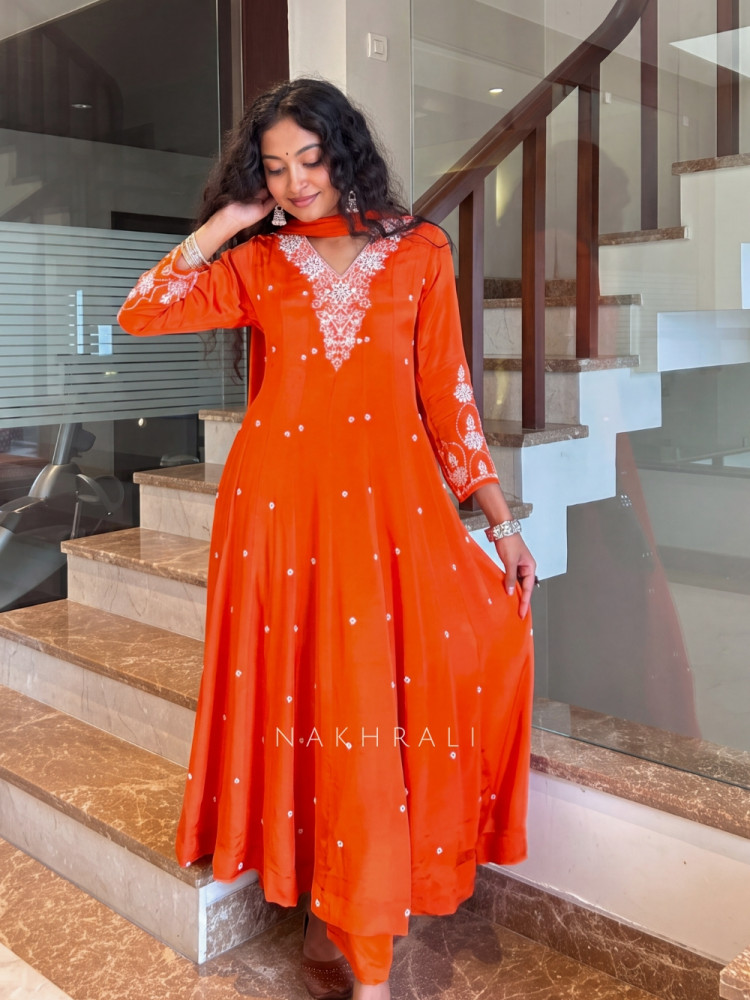 Image of Suvira  Orange Anarkali Suit Set With Embroidered Yoke &amp; Butti Work