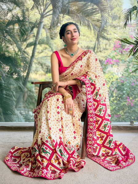 Mira Cream Silk Saree with Magenta Digital Print