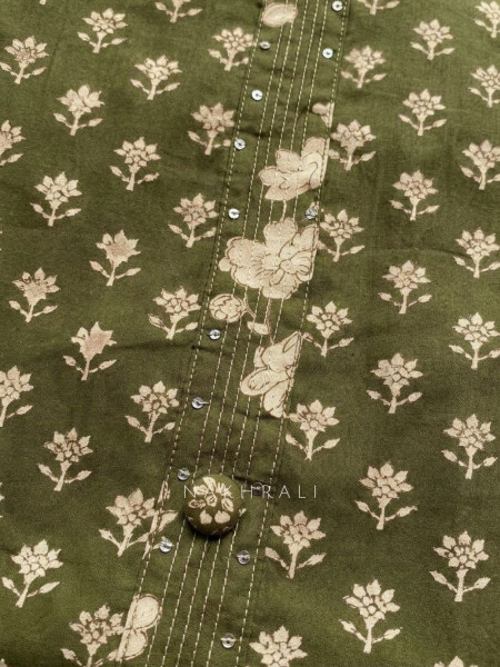 Dhaara Green Cotton Dress Material with Block Print
