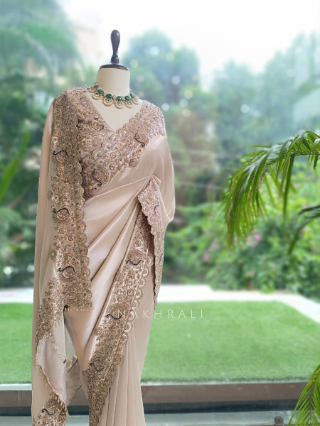 Kalika Beige Satin & Silk Satin Saree with Readymade Blouse