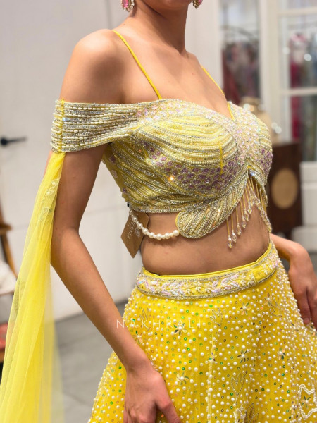Aveline Yellow  Bridal Lehenga with Sequin & Pearl Detailing