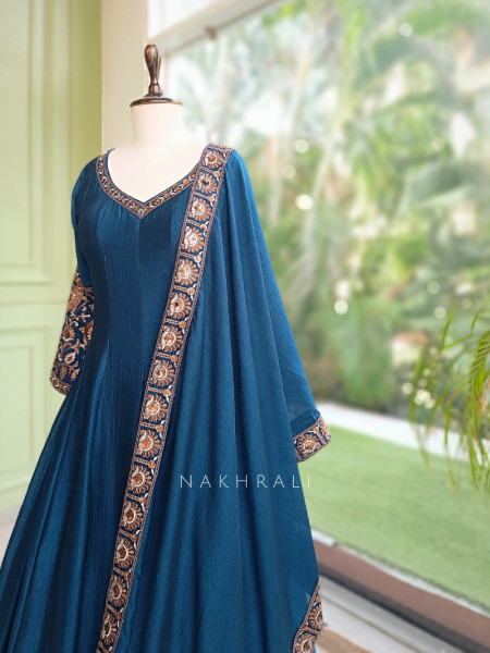 Dastaan Teal Blue Chinon Kalidar Anarkali Set