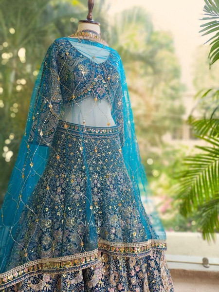 Azure Dream Teal Net Lehenga with Sparkling Sequin Work