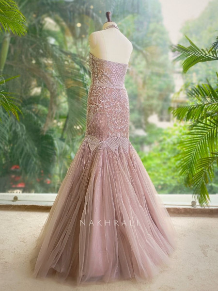 Celestia Pink Net Mermaid Gown with Sequin and Bead Work