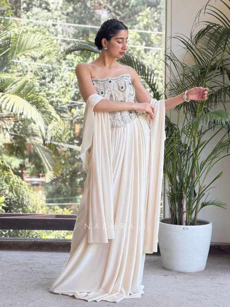 Miraya Off White Drape Indo-Western with Cut Dana Beads Stone Work