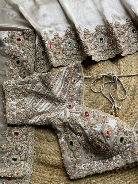 Rajvika Beige Metallic Tissue Silk Saree with Readymade Blouse