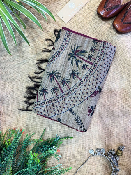Mridang Maroon Khadi Cotton Saree with Kalamkari Print
