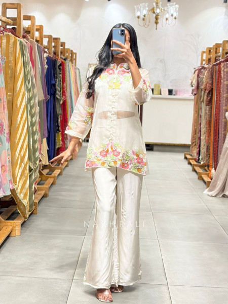 Aries Off White Indo Western Palazzo Set with Thread Embroidery