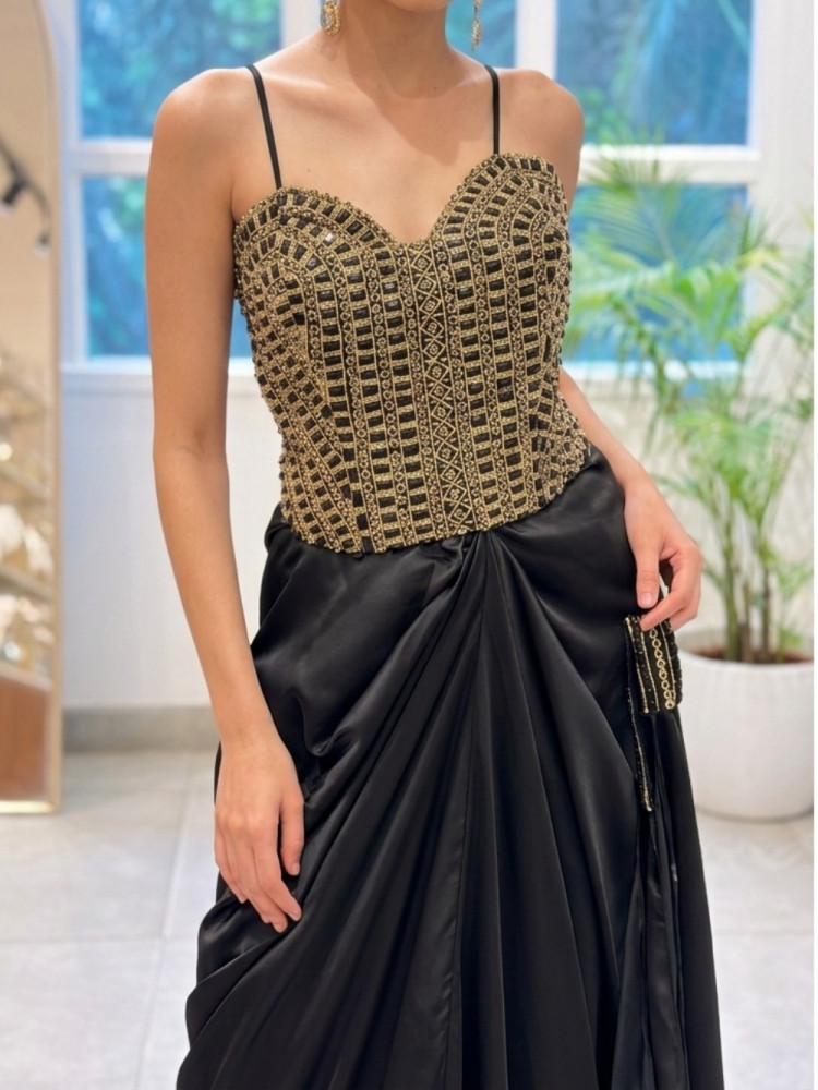 Image of Rubaiyat Black Satin-Crepe – Indo-Western Crop Top Skirt Set