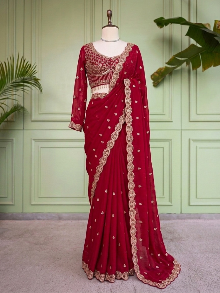Image of Suvika Red Saree with Readymade Blouse And Zari Scalloped Border