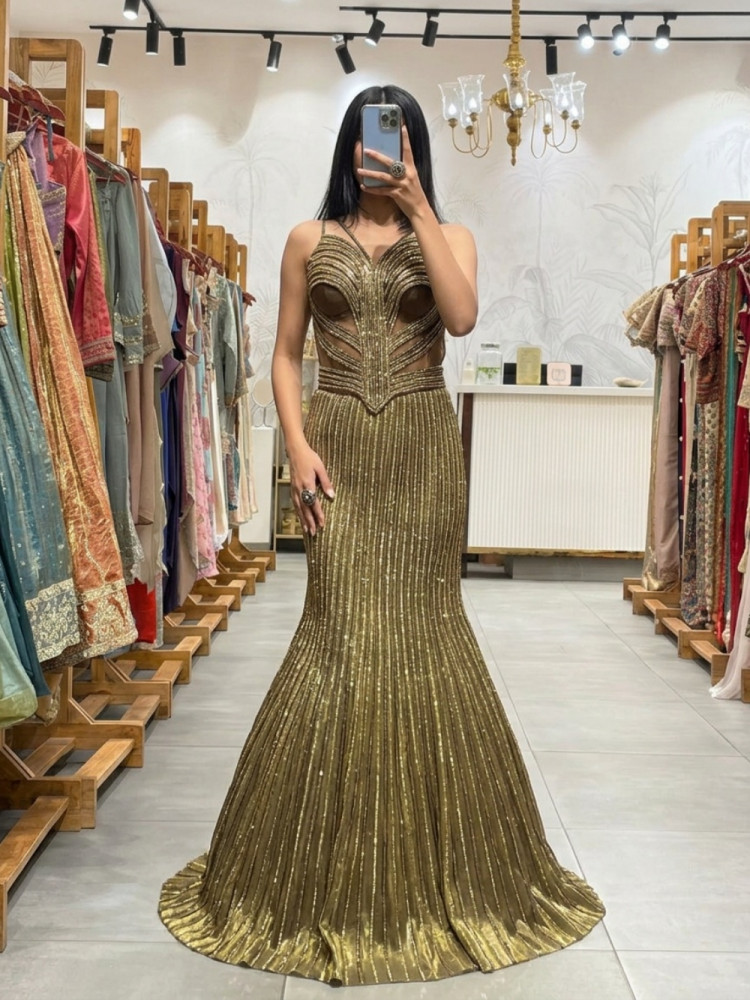Image of Chroma Corset Olive Gold Shimmer Indo-Western Mermaid Skirt Set