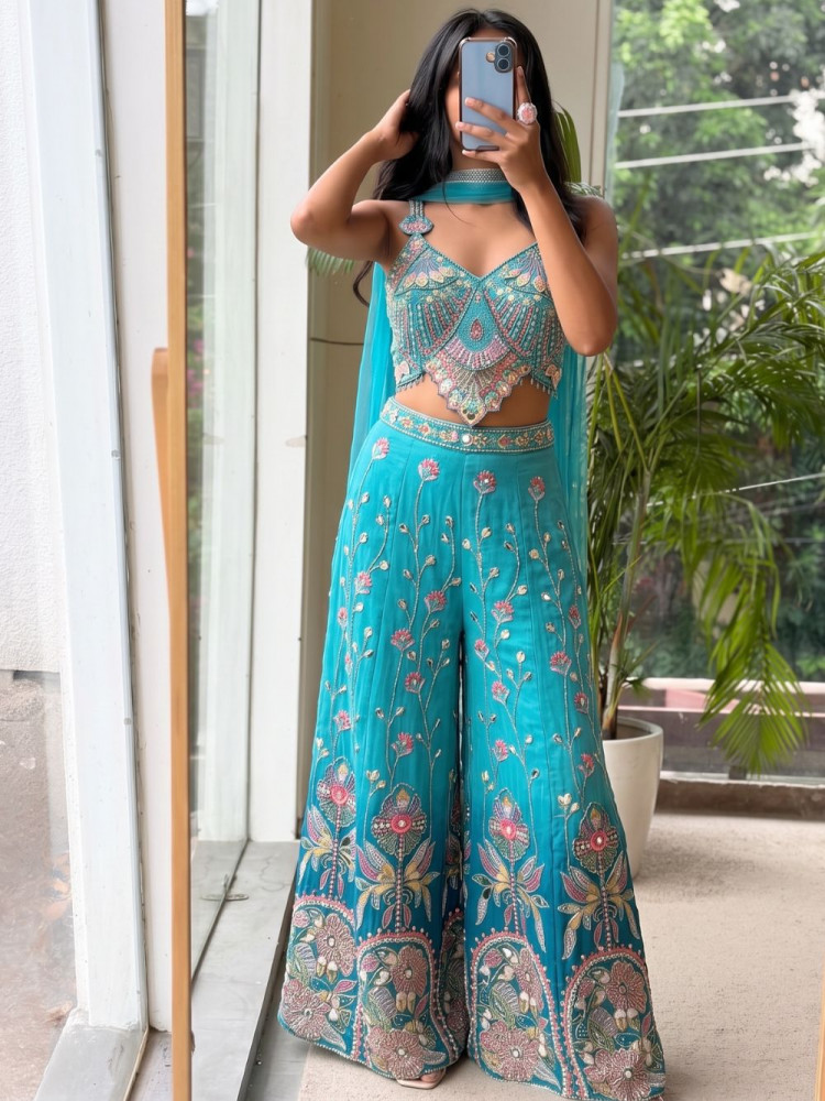 Image of Folk Rhythm Blue Indo-Western Palazzo Set
