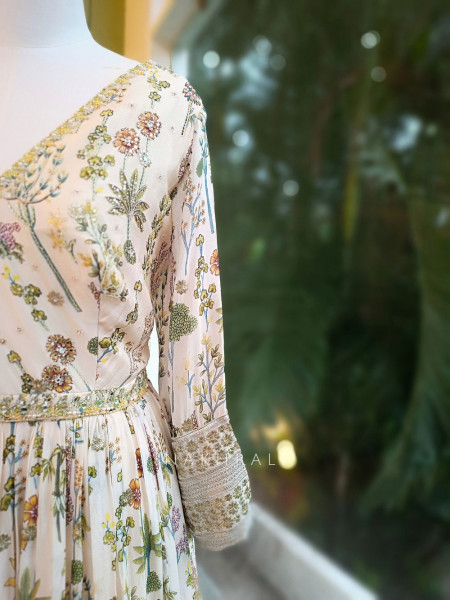 Shimmer Bloom Cream Anarkali Suit Set with Sequin and Mirror Work