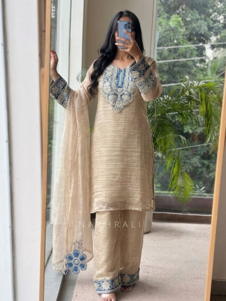 Tishya Beige Tissue Chanderi 3 Piece Suit Set