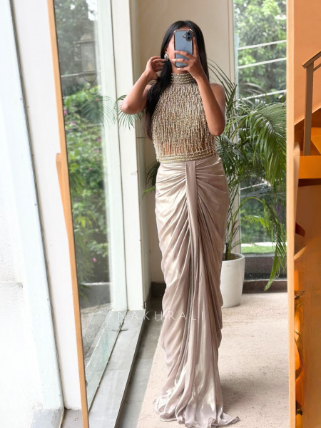 Glintora Grey Metallic Satin-Silk Indo-Western Crop Top Skirt Set