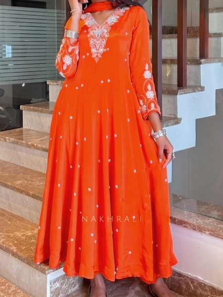 Suvira  Orange Anarkali Suit Set With Embroidered Yoke & Butti Work