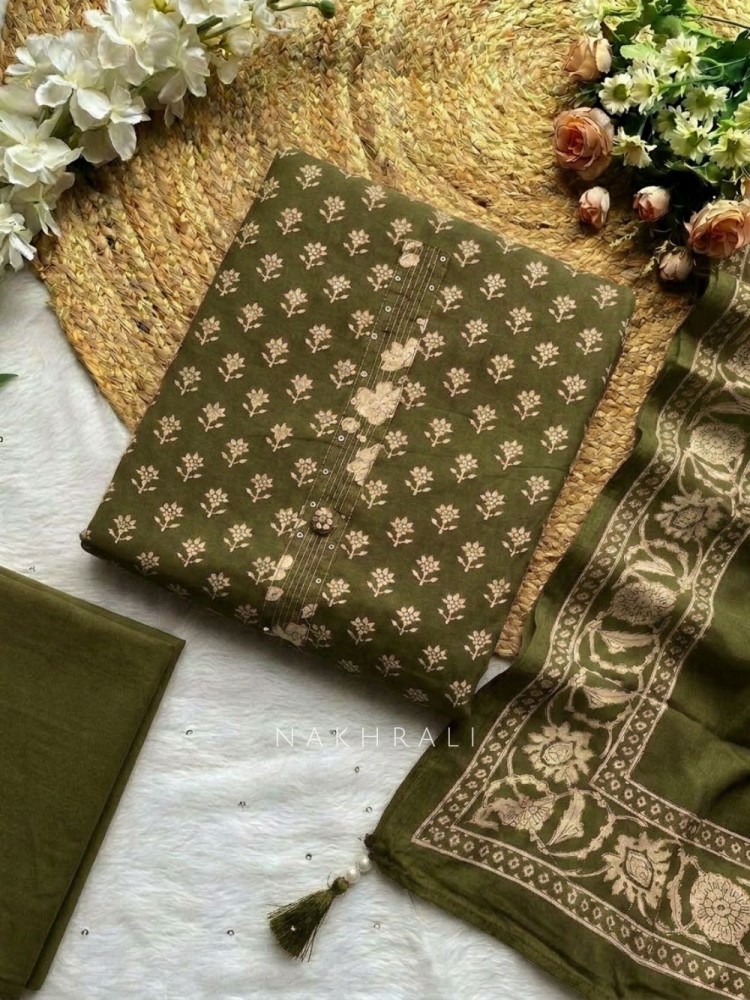 Image of Dhaara Green Cotton Dress Material with Block Print