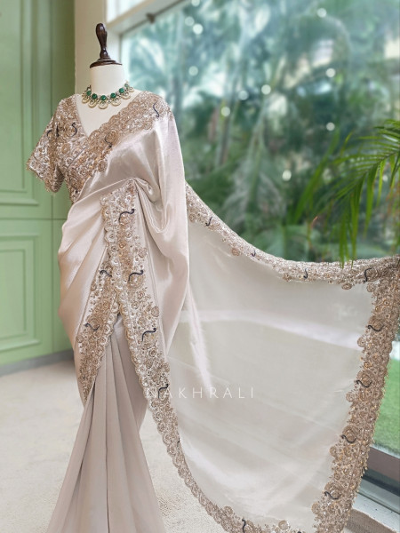 Kalika Beige Satin & Silk Satin Saree with Readymade Blouse