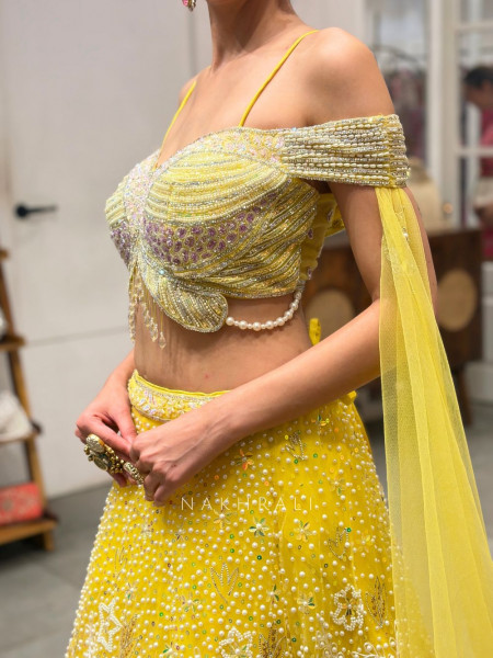 Aveline Yellow  Bridal Lehenga with Sequin & Pearl Detailing