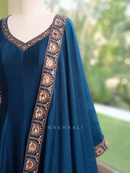 Dastaan Teal Blue Chinon Kalidar Anarkali Set