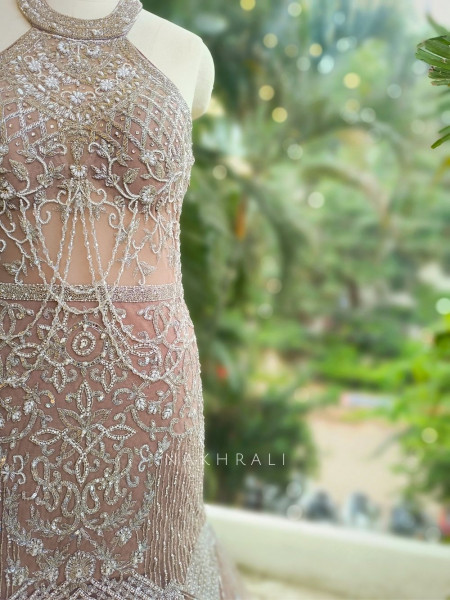 Celestia Pink Net Mermaid Gown with Sequin and Bead Work