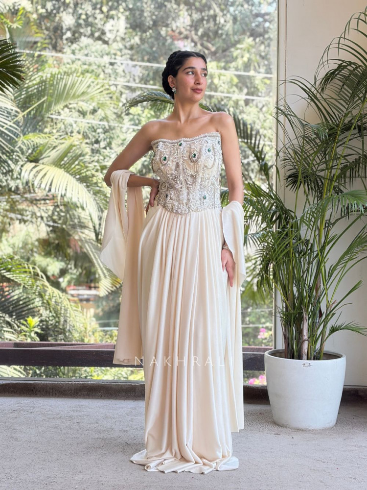 Image of Miraya Off White Drape Indo-Western with Cut Dana Beads Stone Work